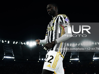 Timothy Weah of Juventus FC is playing during the Serie A TIM match between AS Roma and Juventus at Stadio Olimpico in Rome, Italy, on May 5...