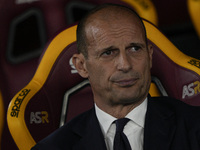 Massimiliano Allegri, head coach of Juventus FC, is reacting during the Serie A TIM match between AS Roma and Juventus at Stadio Olimpico in...