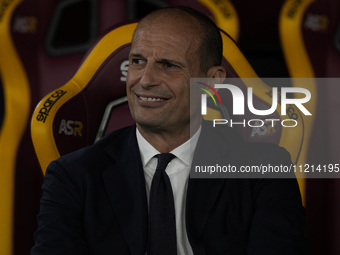 Massimiliano Allegri, head coach of Juventus FC, is reacting during the Serie A TIM match between AS Roma and Juventus at Stadio Olimpico in...