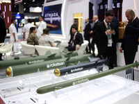 An exhibition booth of Roketsan (Turkey) is being displayed during the Defense Services Asia (DSA) Exhibition and the National Security Inte...