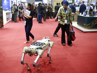 An exhibition booth for the Detective Quadruped Robot by Intelligizmo (Zhijian) Intelligent Equipment Co. (China) is being displayed during...