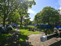 Tents are lining the Grand Canal in Dublin, Ireland, on May 5, 2024, providing shelter for asylum seekers. More than 50 tents have been erec...