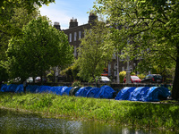 Tents are lining the Grand Canal in Dublin, Ireland, on May 5, 2024, providing shelter for asylum seekers. More than 50 tents have been erec...
