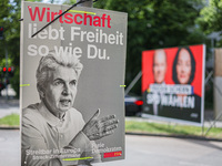 Election campaign posters of the Free Democratic Party (FDP) featuring FDP candidate Marie-Agnes Strack-Zimmermann, which read: ''Economy lo...
