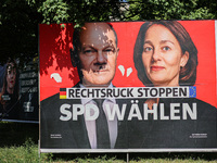 An election campaign poster of the Social Democratic Party of Germany (SPD) featuring Federal Chancellor Olaf Scholz and SPD European Candid...