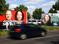 Election campaign posters of the Social Democratic Party of Germany (SPD) featuring Federal Chancellor Olaf Scholz and SPD European Candidat...