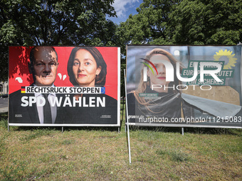 Election campaign posters of the Social Democratic Party of Germany (SPD) featuring Federal Chancellor Olaf Scholz and SPD European Candidat...