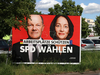 The Social Democratic Party of Germany (SPD) election campaign posters featuring Federal Chancellor Olaf Scholz and SPD European Candidate K...