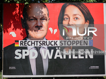 An election campaign poster of the Social Democratic Party of Germany (SPD) featuring Federal Chancellor Olaf Scholz and SPD European Candid...