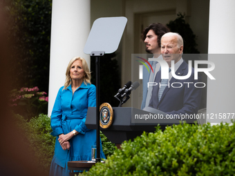 President Joe Biden welcomes guests as he and First Lady Dr. Jill Biden host a Cinco de Mayo reception in the White House Rose Garden, Washi...