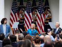 First Lady Dr. Jill Biden welcomes guests as she and President Joe Biden host a Cinco de Mayo reception in the White House Rose Garden, Wash...