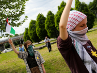Pro-Palestinian protesters are demonstrating along the route of the March of the Living in Oswiecim, Poland, on May 6, 2024. The March of th...