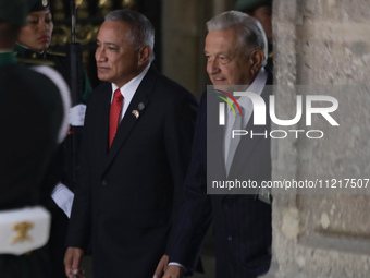 President of Mexico, Andres Manuel Lopez Obrador (right), is receiving Juan Antonio Briceno (left), Prime Minister of Belize, at the Nationa...