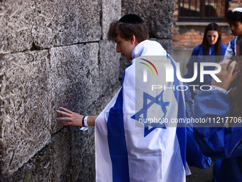 Young Jews stand in front of the Death Wall on the 36th anniversary of 'International March of the Living' at the former Nazi-German Auschwi...