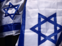 Israeli flags are seen during the 36th anniversary of 'International March of the Living' at the former Nazi-German Auschwitz Birkenau conce...
