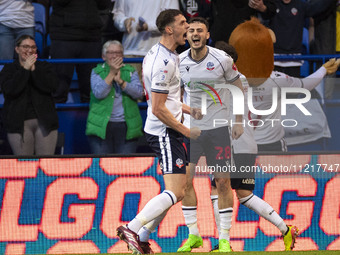 Eoin Toal, wearing number 18 for Bolton Wanderers, is celebrating his goal during the Sky Bet League 1 Play-Off Semi-Final second leg betwee...