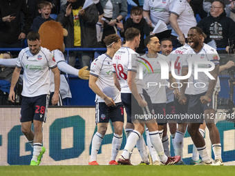 Eoin Toal, wearing number 18 for Bolton Wanderers, is celebrating his goal during the Sky Bet League 1 Play-Off Semi-Final second leg betwee...