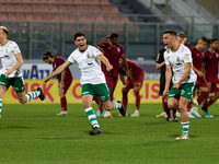 Floriana soccer players Adam Magri Overend (L), Mattias Veselji (C), and Carlo Zammit Lonardelli (R) are celebrating after a penalty shoot-o...