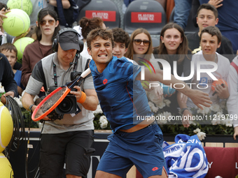 Flavio Cobolli is celebrating after winning his first-round match against Maximilian Marterer on day three of the Internazionali BNL D'Itali...