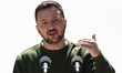 President Volodymyr Zelensky of Ukraine is speaking during a press conference with Preside...
