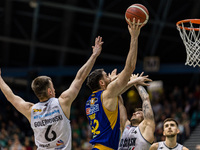 Players from WKS Slask Wroclaw and Stal Ostrow Wielkopolski are competing in a basketball match for the Orlen Basket Liga in Wroclaw, Poland...