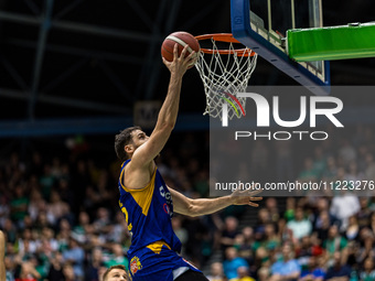 Players from WKS Slask Wroclaw and Stal Ostrow Wielkopolski are competing in a basketball match for the Orlen Basket Liga in Wroclaw, Poland...