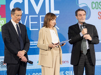 (L-R) Beppe Sala, Elisabetta Soglio, and Attilio Fontana are attending the Milano Civil Week opening at Giureconsulti Palace in Milan, Italy...