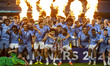 Manchester City players are celebrating winning the cup during the FA Youth Cup Final matc...