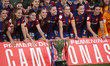 The FC Barcelona players are celebrating after becoming champions of the Liga F at the end...