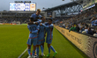 Teammates are celebrating after New York City Striker Alonso Martinez is scoring an early...