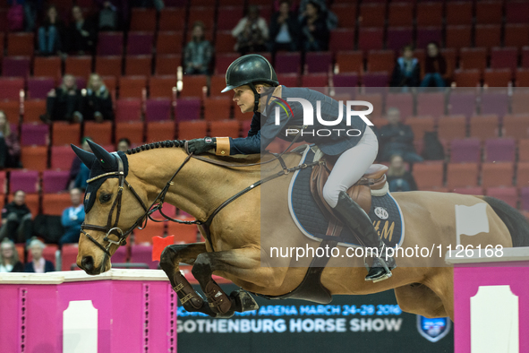 Swedish horse jumper Malin Bayard-Johnsson competes at the 2016 Gothenburg Horse Show during the FEI World Cup Finals  in Gothenburg, Sweden...