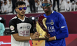 Goalkeeper Meshaal Aissa Barsham and Abdulla Badr Alyazidi of Al-Sadd SC are holding the A...