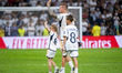 Toni Kroos of Real Madrid is celebrating with his sons by the Real Madrid fans at the end...