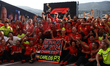 Charles Leclerc of Ferrari celebrates after Grand Prix of Monaco at Circuit de Monaco in M...