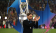 Edin Terzic, Borussia Dortmund manager, is standing in front of the trophy after the UEFA...