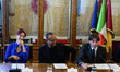 Andrea Delogu, Carlo Conti, and Alessandro Onorato are attending the Press Conference of T...