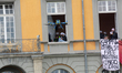 A police drone is observing the protesters as dozens of pro-Palestinian students are takin...