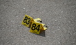 Evidence markers are showing where shell casings are located at the crime scene. Three peo...
