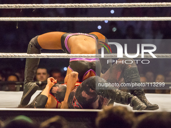 A athletic position during the wrestling match of WWElive in Turin (