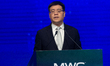 Chen Zhongyue, chairman of China Unicom, is speaking on the stage at SNIEC in Shanghai, Ch...