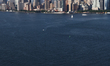 An aerial view of Manhattan and New York Harbor in New York City, United States on July 13...