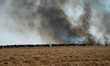 Protesters are walking past a wildfire started by a launched tear gas canister during a ma...
