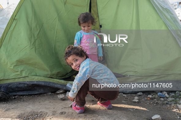 Childs in front of their tent. In Idomeni camp on April 7, 2016. 