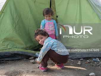 Childs in front of their tent. In Idomeni camp on April 7, 2016. (
