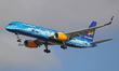 A Boeing 757-256 from Icelandair (80 years of Aviation Livery) lands at Barcelona airport...