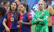 Alba Cano, Kika Nazareth, and Ellie Roebuck during the presentation of the 2024-25 FC Barc...