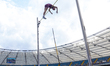 Sam Kendricks of the United States is  jumping six metres in the men's pole vault during t...