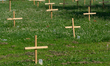 Crosses are placed in front of the headquarters of Thyssenkrupp industrial area in Duisbur...