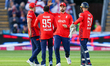 Adil Rashid of England is congratulated for his dismissal of Matthew Short of Australia du...