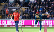 Marcus Stones of Australia bowls during the Second Vitality T20 International match betwee...